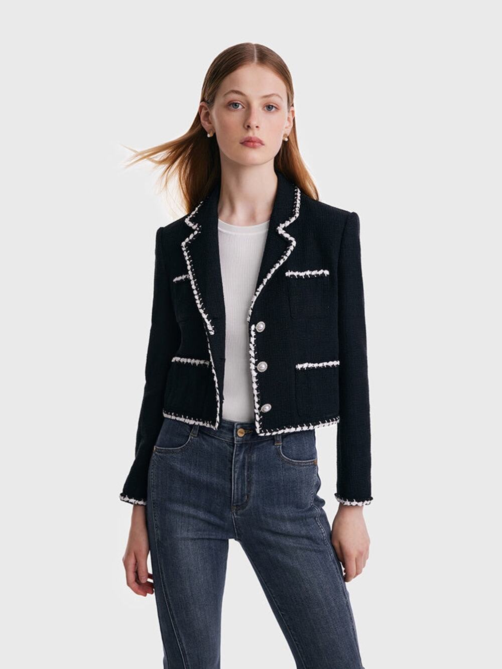 GOELIA Black Tweed Contrast Trim Cropped Blazer Jacket XL NWT